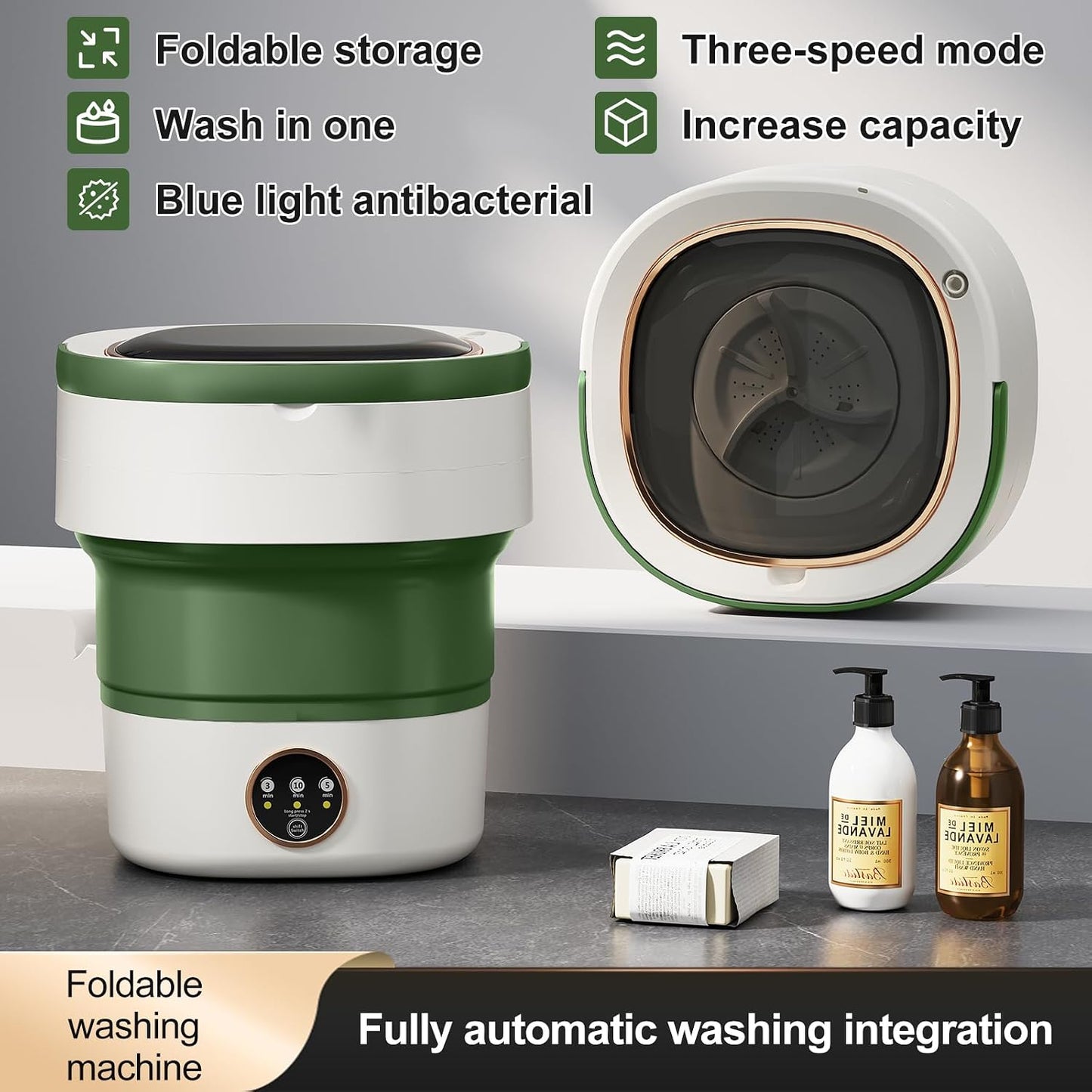 Portable Washing Machine 20L —Small Foldable Washer with Spin Basket, 3 Mode Deep Clean — Mini Laundry Machine for Travel, Dorms, Camping, Ideal for Baby Clothes, Underwear, Socks Green