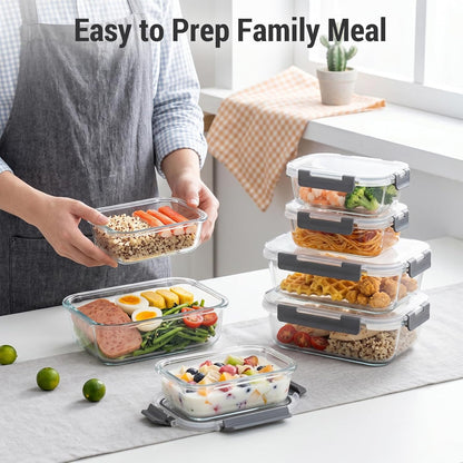 10 Sets 36 Oz & 12 Oz Glass Food Storage Containers with Lids, Gray | 20-Piece Airtight Leak-Proof Glass Meal Prep Containers with Lids, Microwave Oven Freezer Dishwasher Safe
