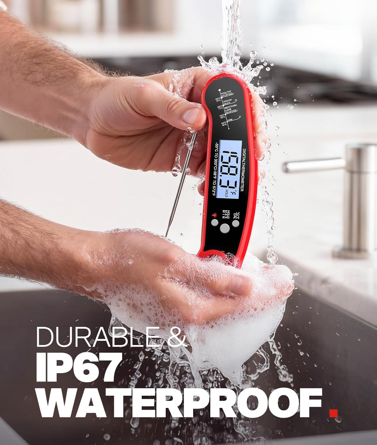 Meat Thermometer Digital, 1-2 Sec Instant Read, Food, Cooking, Grill | Bright Backlit Display, Waterproof for Air Fryer, Smoker, Candy, Kitchen Gadgets, BBQ Essentials, Gift for Men Husband, Red