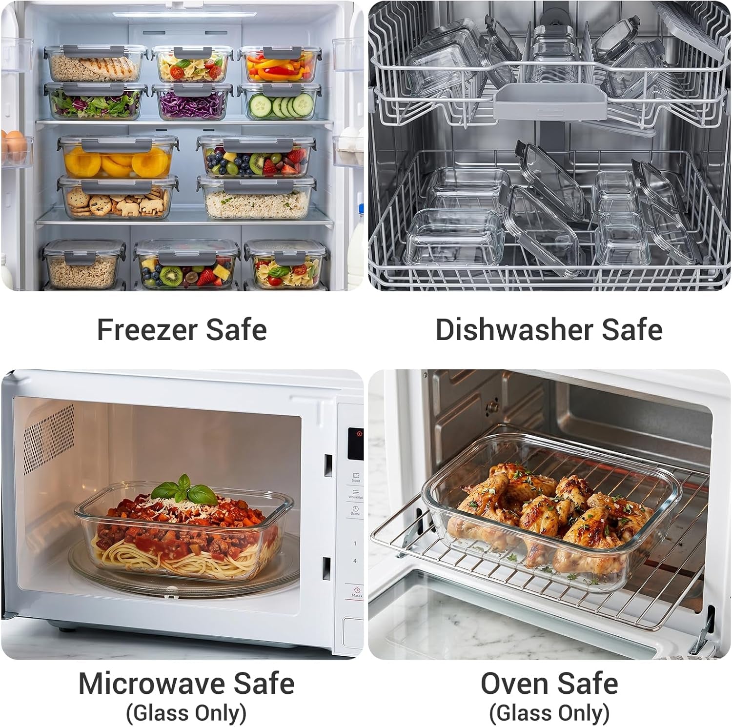 10 Sets 36 Oz & 12 Oz Glass Food Storage Containers with Lids, Gray | 20-Piece Airtight Leak-Proof Glass Meal Prep Containers with Lids, Microwave Oven Freezer Dishwasher Safe