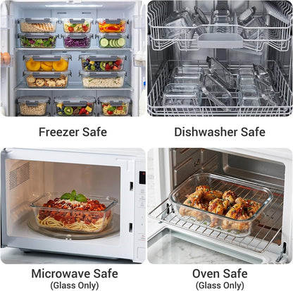 10 Sets 36 Oz & 12 Oz Glass Food Storage Containers with Lids, Gray | 20-Piece Airtight Leak-Proof Glass Meal Prep Containers with Lids, Microwave Oven Freezer Dishwasher Safe