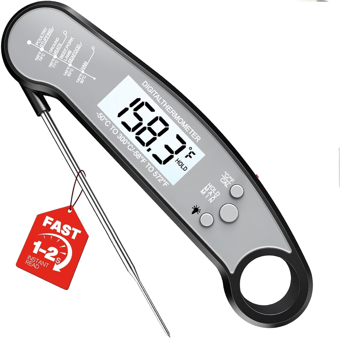 Meat Thermometer Digital, 1-2 Sec Instant Read, Food, Cooking, Grill | Bright Backlit Display, Waterproof for Air Fryer, Smoker, Candy, Kitchen Gadgets, BBQ Essentials, Gift for Men Husband, Red