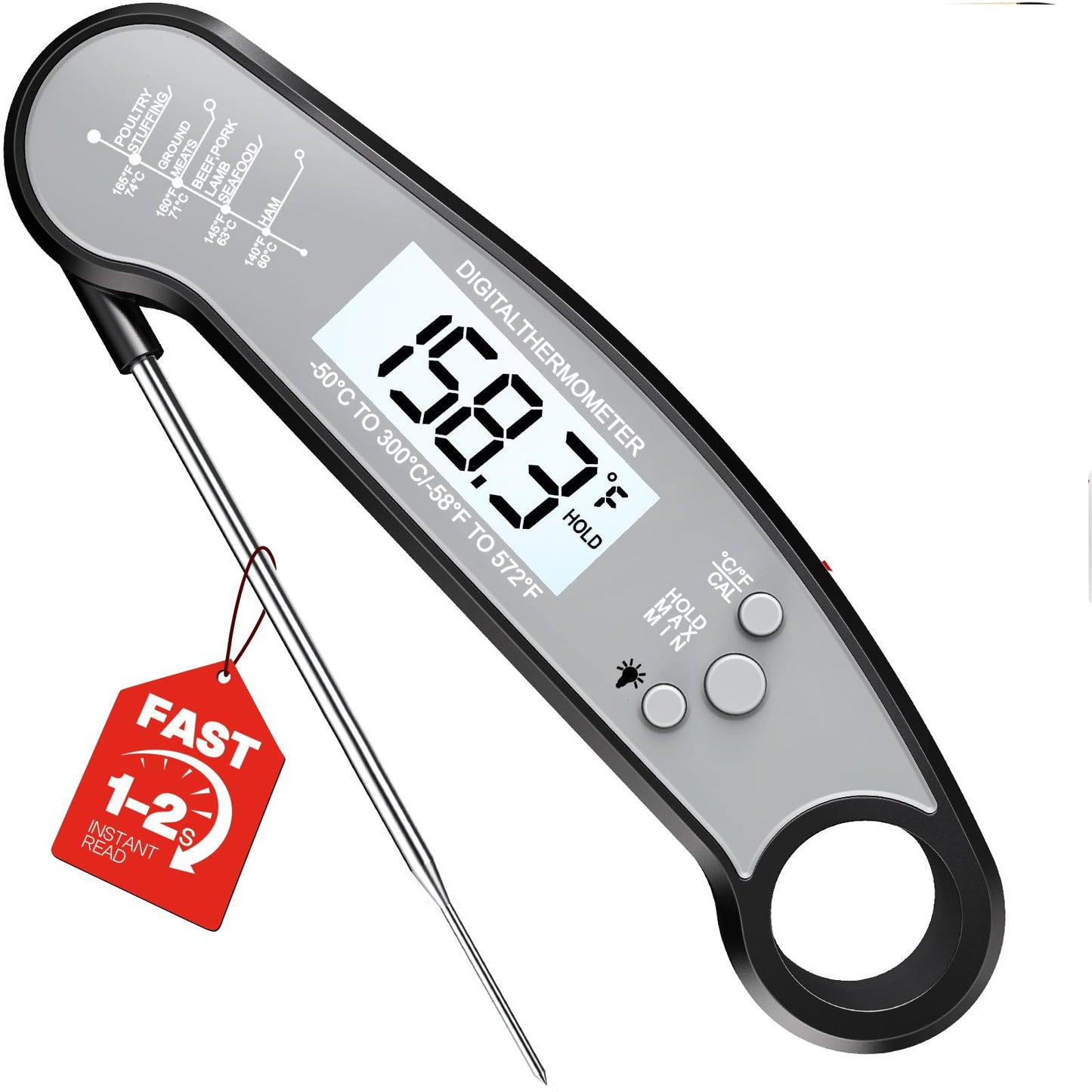 Meat Thermometer Digital, 1-2 Sec Instant Read, Food, Cooking, Grill | Bright Backlit Display, Waterproof for Air Fryer, Smoker, Candy, Kitchen Gadgets, BBQ Essentials, Gift for Men Husband, Red