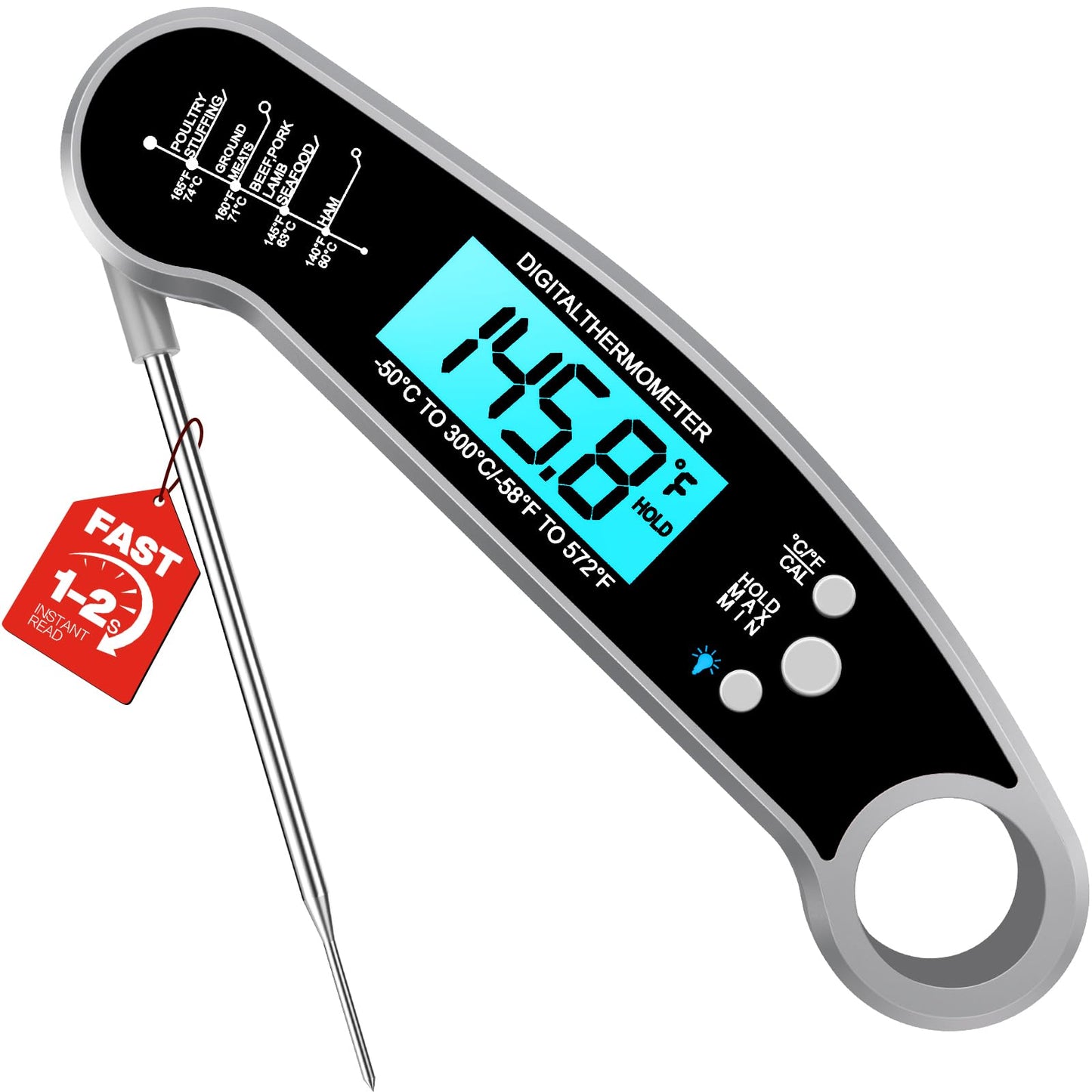 Meat Thermometer Digital, 1-2 Sec Instant Read, Food, Cooking, Grill | Bright Backlit Display, Waterproof for Air Fryer, Smoker, Candy, Kitchen Gadgets, BBQ Essentials, Gift for Men Husband, Red