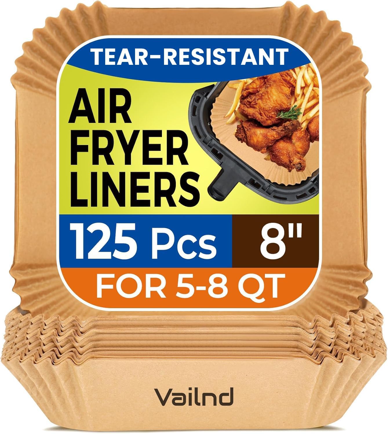 125Pcs 8 Inch Square Air Fryer Liners Disposable for 5-8QT, Parchment Paper | Non-Stick, Unbleached Food Grade, Waterproof Oilproof Baking Airfryer Sheets Papers for Oven, Microwave, Baking, Roasting