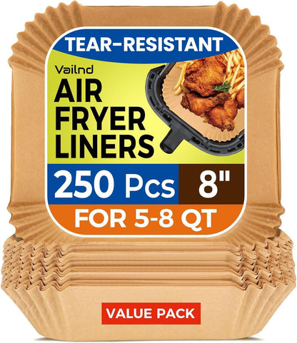 125Pcs 8 Inch Square Air Fryer Liners Disposable for 5-8QT, Parchment Paper | Non-Stick, Unbleached Food Grade, Waterproof Oilproof Baking Airfryer Sheets Papers for Oven, Microwave, Baking, Roasting