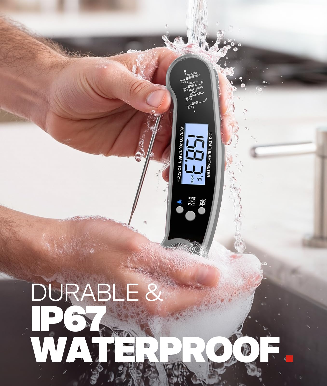 Meat Thermometer Digital, 1-2 Sec Instant Read, Food, Cooking, Grill | Bright Backlit Display, Waterproof for Air Fryer, Smoker, Candy, Kitchen Gadgets, BBQ Essentials, Gift for Men Husband, Red