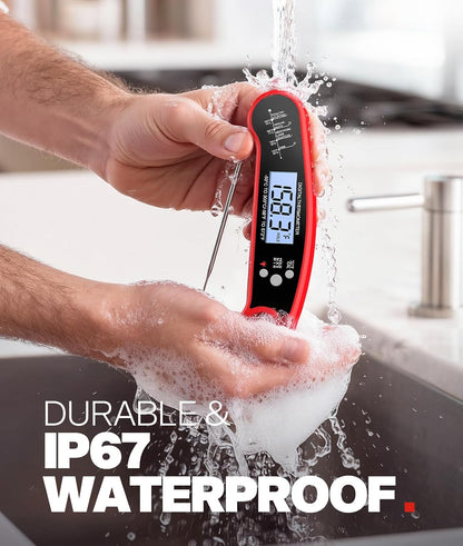 Meat Thermometer Digital, 1-2 Sec Instant Read, Food, Cooking, Grill | Bright Backlit Display, Waterproof for Air Fryer, Smoker, Candy, Kitchen Gadgets, BBQ Essentials, Gift for Men Husband, Red