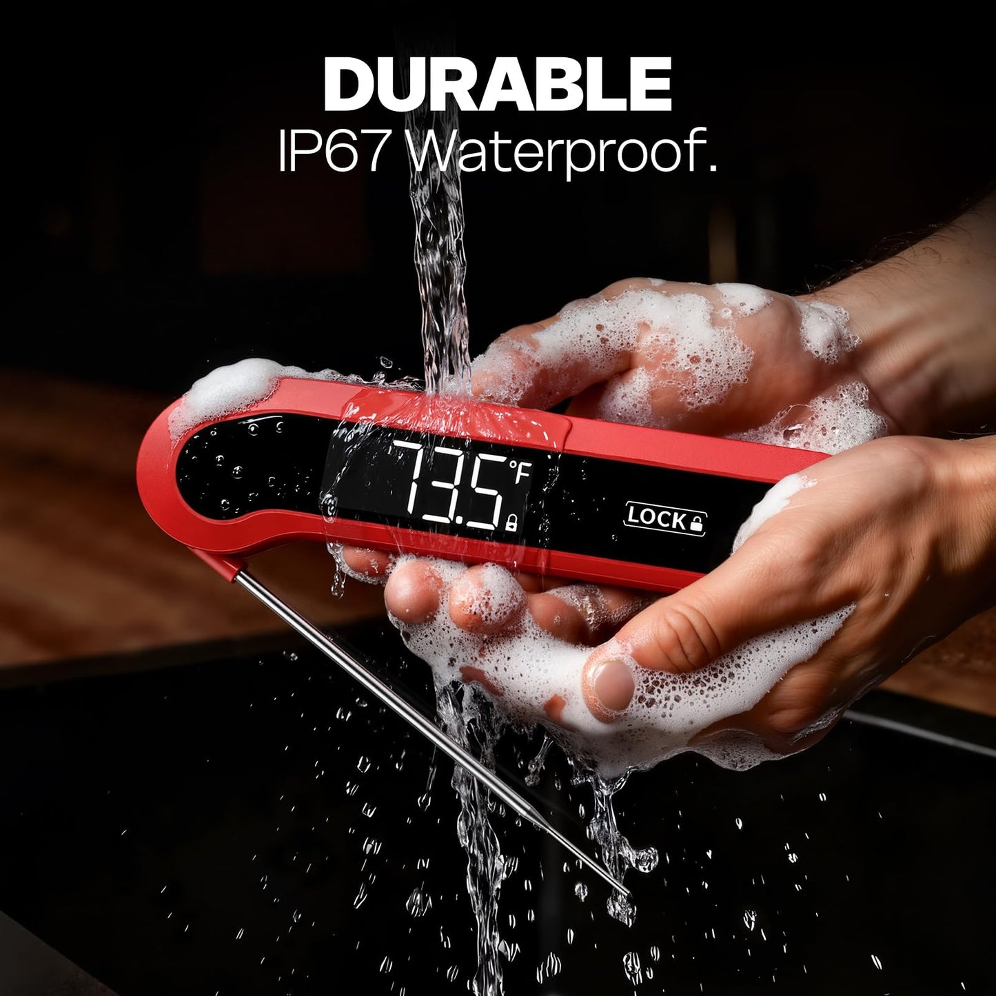 Meat Thermometer Digital, 1-2 Sec Instant Read, Food, Cooking, Grill | Bright Backlit Display, Waterproof for Air Fryer, Smoker, Candy, Kitchen Gadgets, BBQ Essentials, Gift for Men Husband, Red