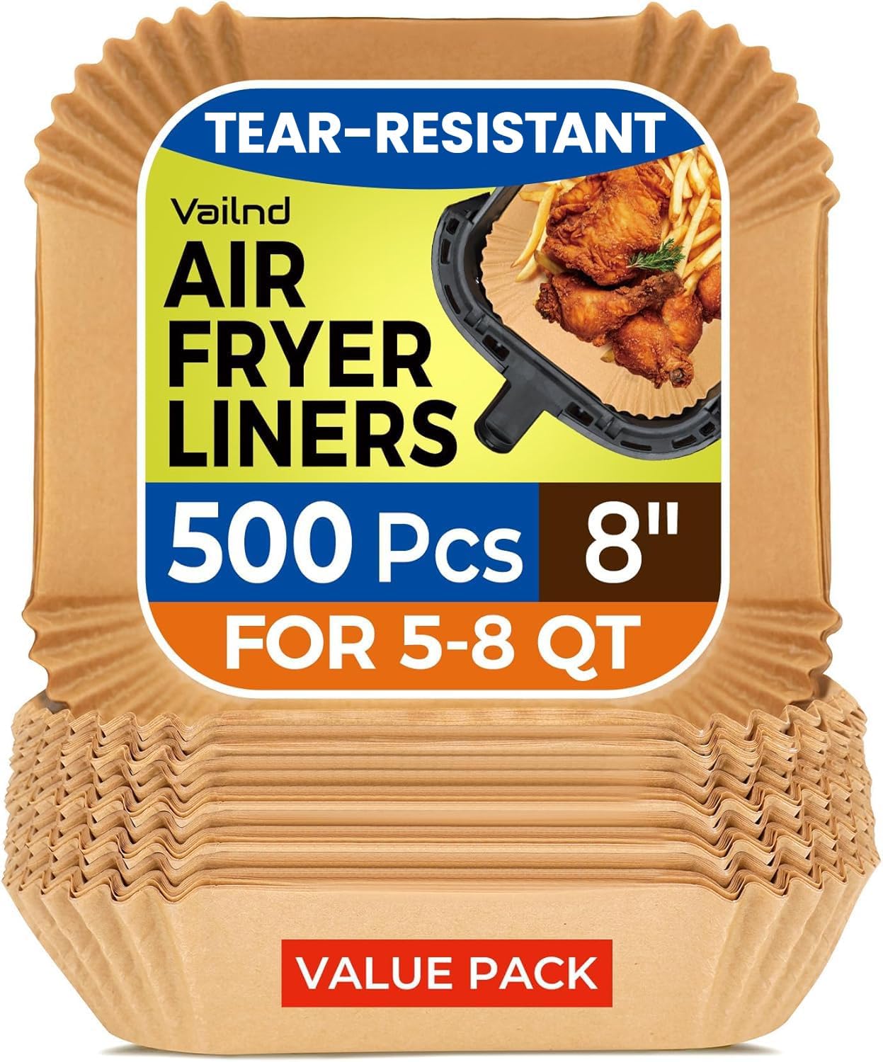 125Pcs 8 Inch Square Air Fryer Liners Disposable for 5-8QT, Parchment Paper | Non-Stick, Unbleached Food Grade, Waterproof Oilproof Baking Airfryer Sheets Papers for Oven, Microwave, Baking, Roasting