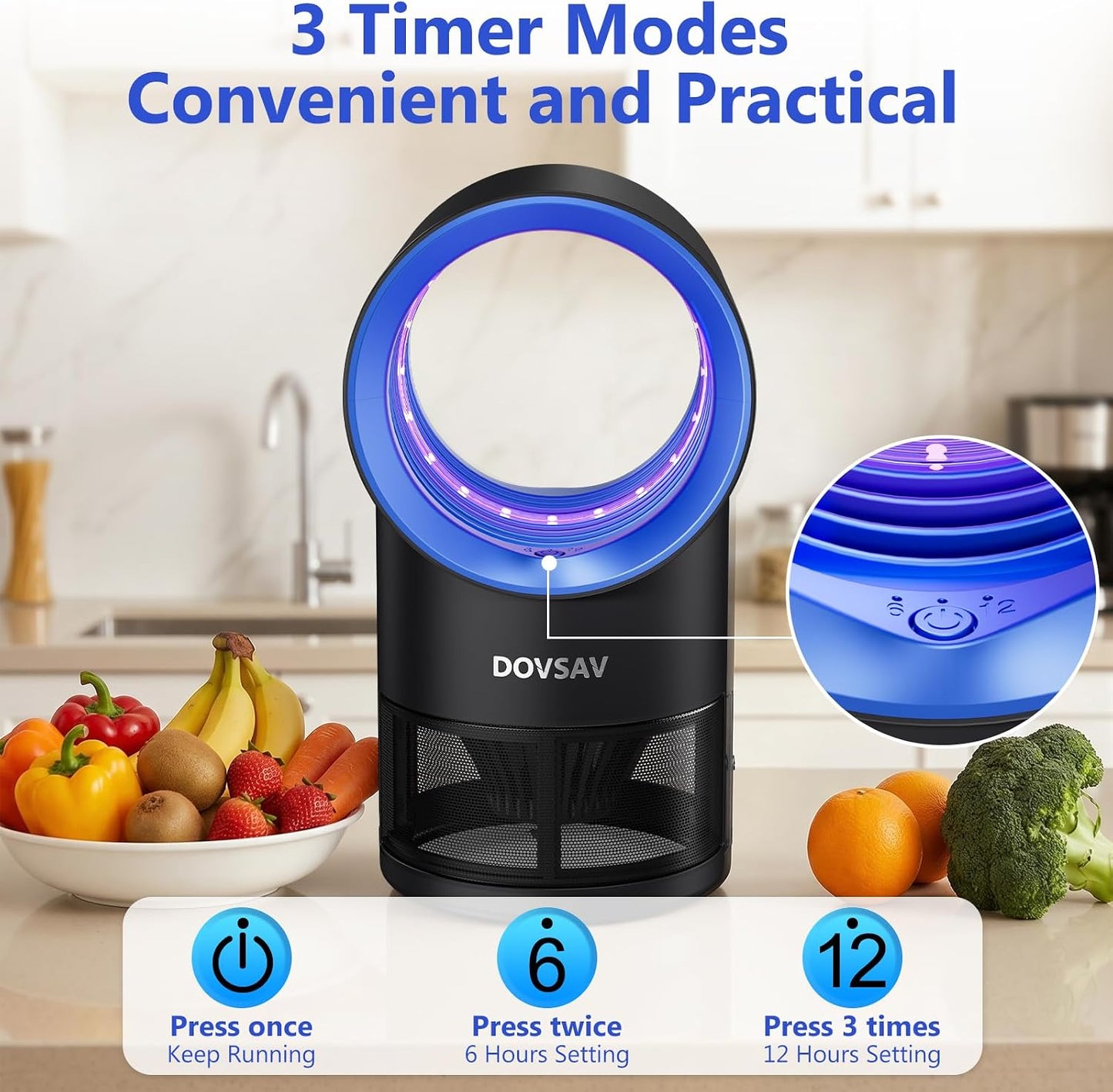 Fruit Fly Trap for Indoors, Blue Bug Zapper Indoor with Suction & Timer | Uv Light Lures Fruit Flies/Gnats, Timer 6/12hrs, Plug in Fly Trap with Suction, Kid & Pet Applicable, Low Noise, 10 refills