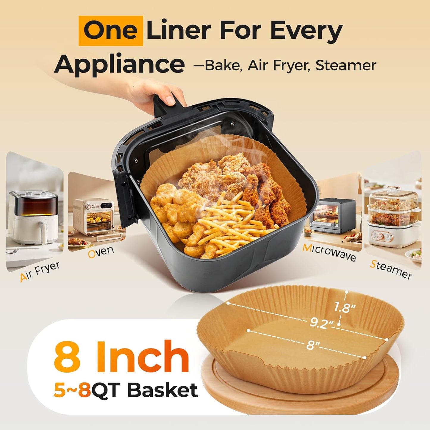 125Pcs 8 Inch Square Air Fryer Liners Disposable for 5-8QT, Parchment Paper | Non-Stick, Unbleached Food Grade, Waterproof Oilproof Baking Airfryer Sheets Papers for Oven, Microwave, Baking, Roasting
