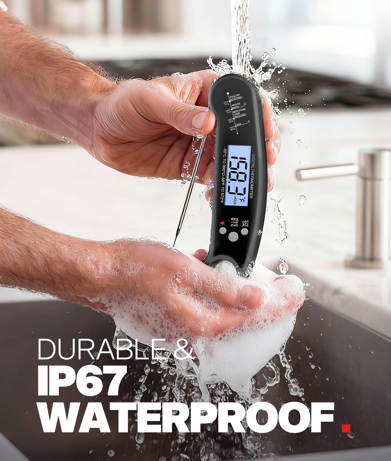 Meat Thermometer Digital, 1-2 Sec Instant Read, Food, Cooking, Grill | Bright Backlit Display, Waterproof for Air Fryer, Smoker, Candy, Kitchen Gadgets, BBQ Essentials, Gift for Men Husband, Red