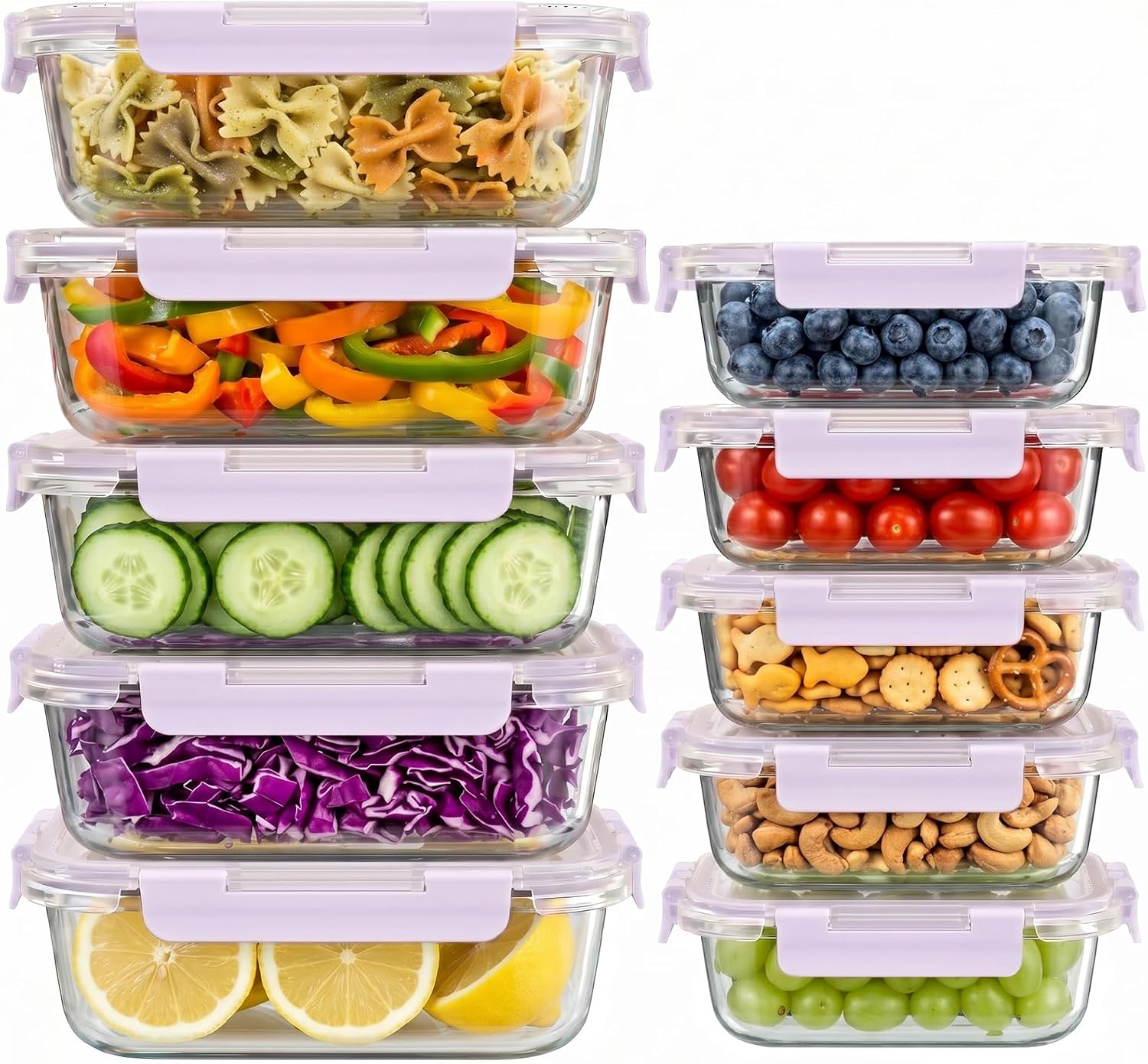 10 Sets 36 Oz & 12 Oz Glass Food Storage Containers with Lids, Gray | 20-Piece Airtight Leak-Proof Glass Meal Prep Containers with Lids, Microwave Oven Freezer Dishwasher Safe
