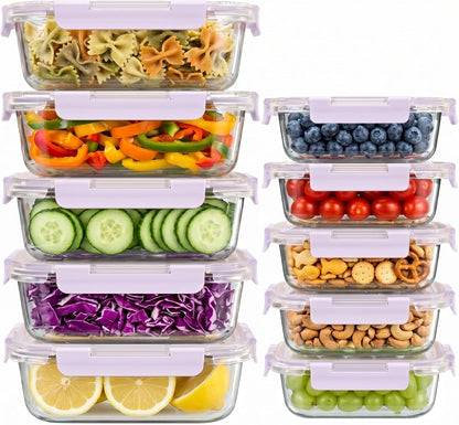 10 Sets 36 Oz & 12 Oz Glass Food Storage Containers with Lids, Gray | 20-Piece Airtight Leak-Proof Glass Meal Prep Containers with Lids, Microwave Oven Freezer Dishwasher Safe