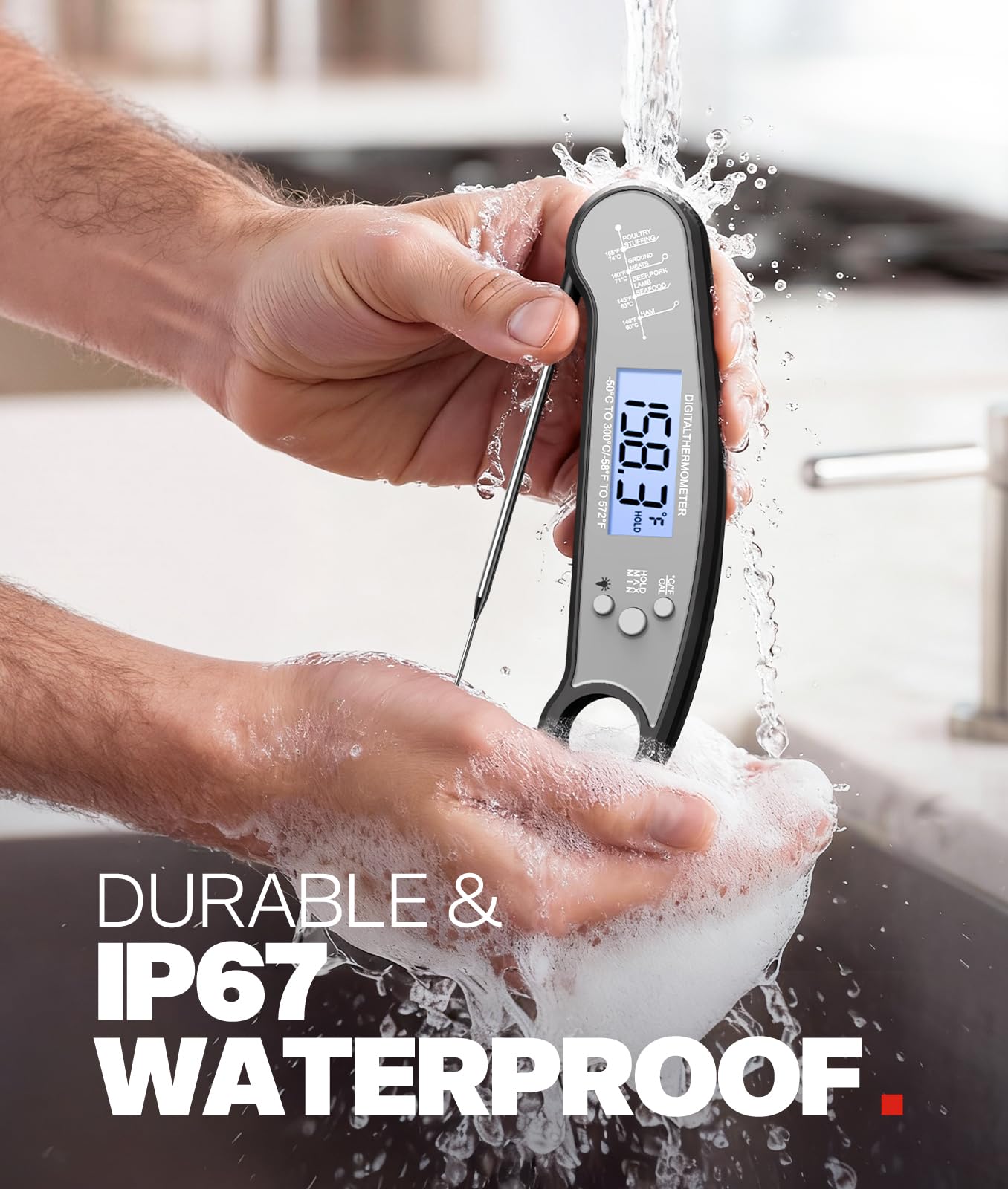 Meat Thermometer Digital, 1-2 Sec Instant Read, Food, Cooking, Grill | Bright Backlit Display, Waterproof for Air Fryer, Smoker, Candy, Kitchen Gadgets, BBQ Essentials, Gift for Men Husband, Red