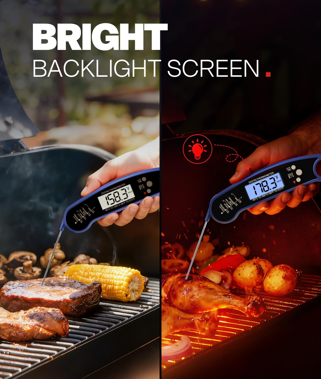 Meat Thermometer Digital, 1-2 Sec Instant Read, Food, Cooking, Grill | Bright Backlit Display, Waterproof for Air Fryer, Smoker, Candy, Kitchen Gadgets, BBQ Essentials, Gift for Men Husband, Red