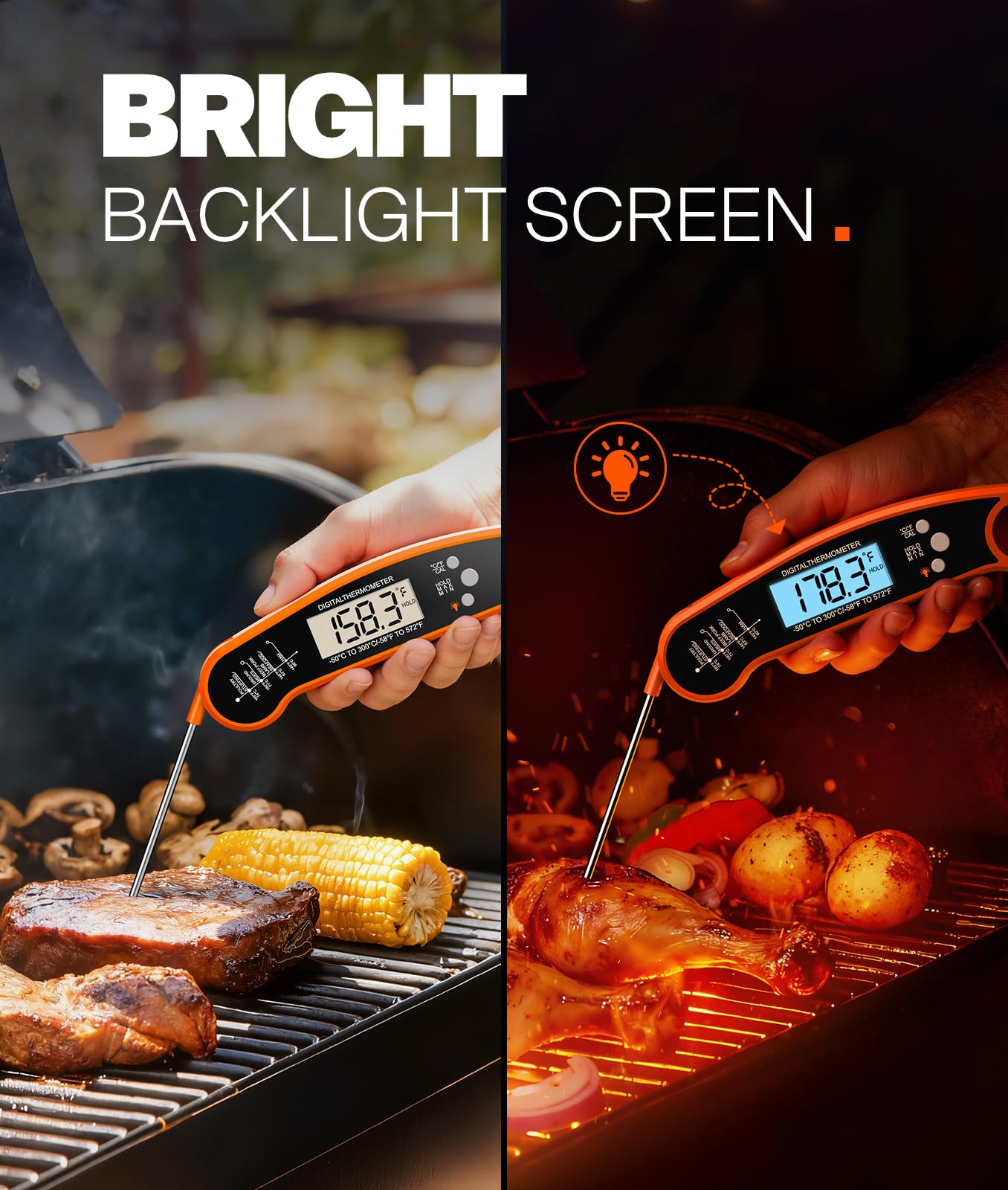 Meat Thermometer Digital, 1-2 Sec Instant Read, Food, Cooking, Grill | Bright Backlit Display, Waterproof for Air Fryer, Smoker, Candy, Kitchen Gadgets, BBQ Essentials, Gift for Men Husband, Red