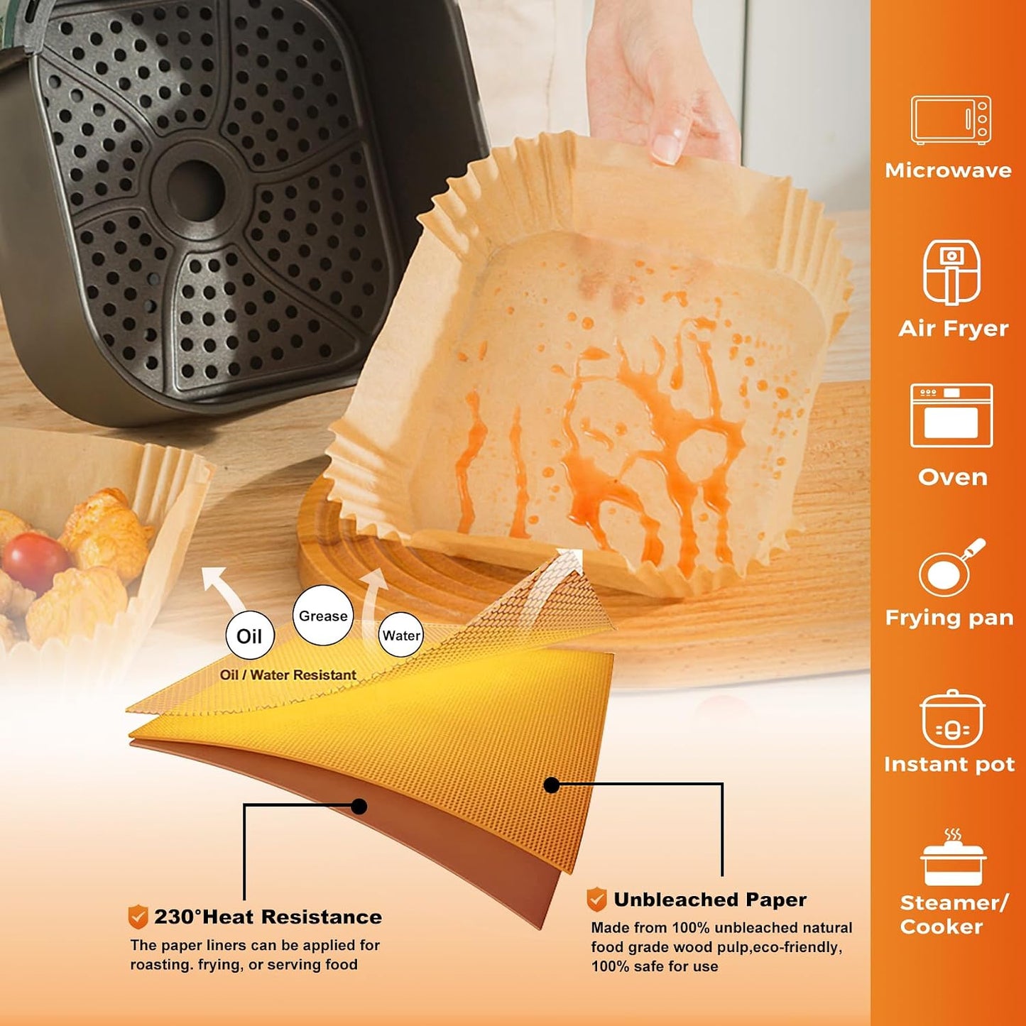 125Pcs 8 Inch Square Air Fryer Liners Disposable for 5-8QT, Parchment Paper | Non-Stick, Unbleached Food Grade, Waterproof Oilproof Baking Airfryer Sheets Papers for Oven, Microwave, Baking, Roasting