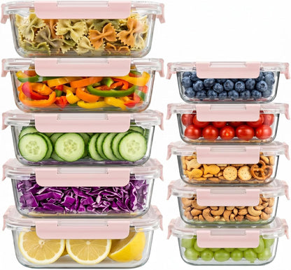 10 Sets 36 Oz & 12 Oz Glass Food Storage Containers with Lids, Gray | 20-Piece Airtight Leak-Proof Glass Meal Prep Containers with Lids, Microwave Oven Freezer Dishwasher Safe