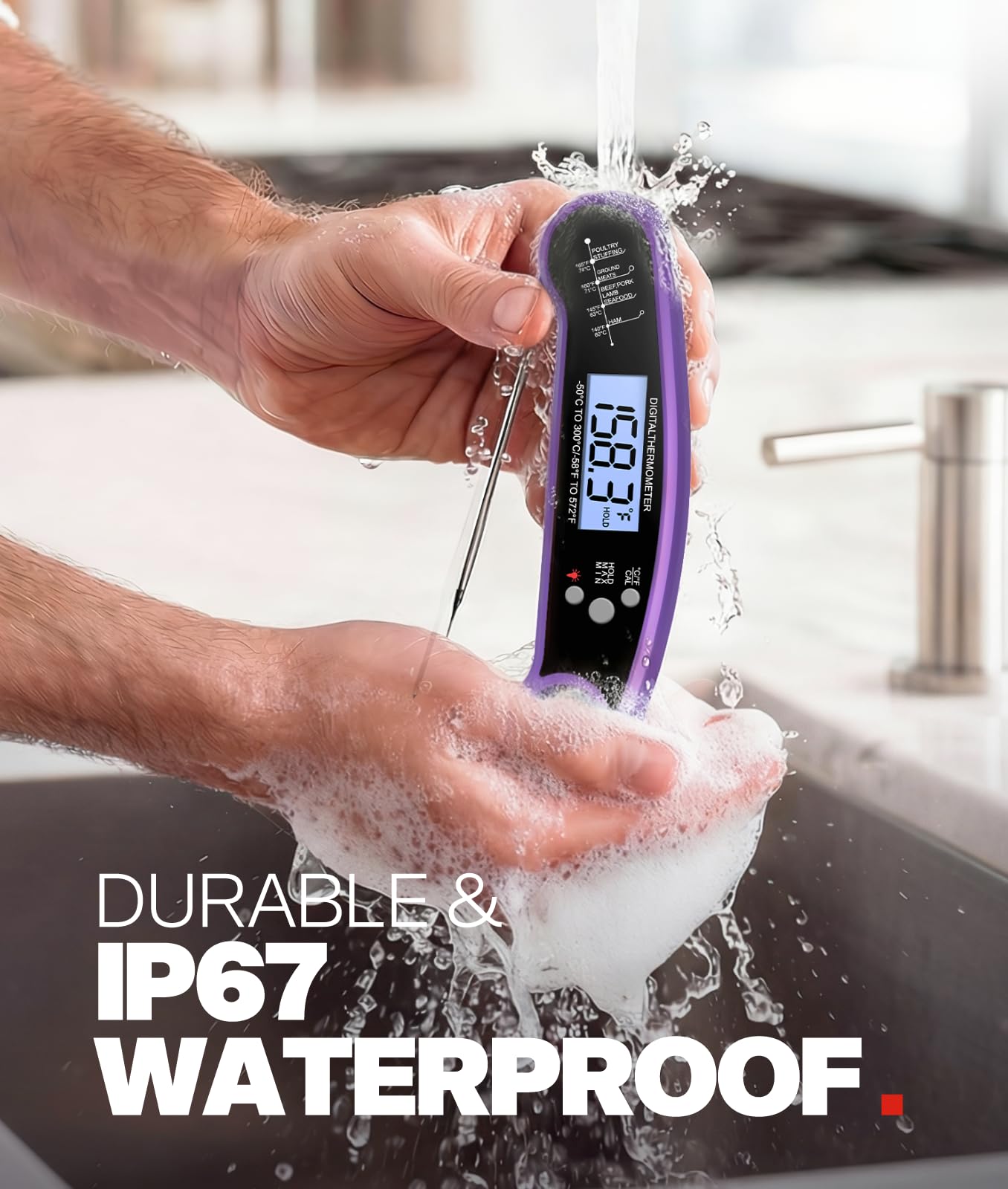Meat Thermometer Digital, 1-2 Sec Instant Read, Food, Cooking, Grill | Bright Backlit Display, Waterproof for Air Fryer, Smoker, Candy, Kitchen Gadgets, BBQ Essentials, Gift for Men Husband, Red