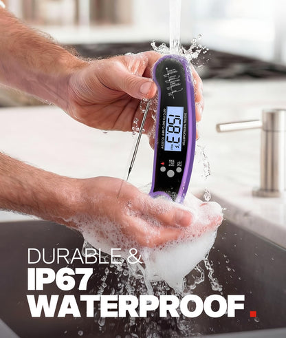 Meat Thermometer Digital, 1-2 Sec Instant Read, Food, Cooking, Grill | Bright Backlit Display, Waterproof for Air Fryer, Smoker, Candy, Kitchen Gadgets, BBQ Essentials, Gift for Men Husband, Red