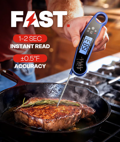 Meat Thermometer Digital, 1-2 Sec Instant Read, Food, Cooking, Grill | Bright Backlit Display, Waterproof for Air Fryer, Smoker, Candy, Kitchen Gadgets, BBQ Essentials, Gift for Men Husband, Red