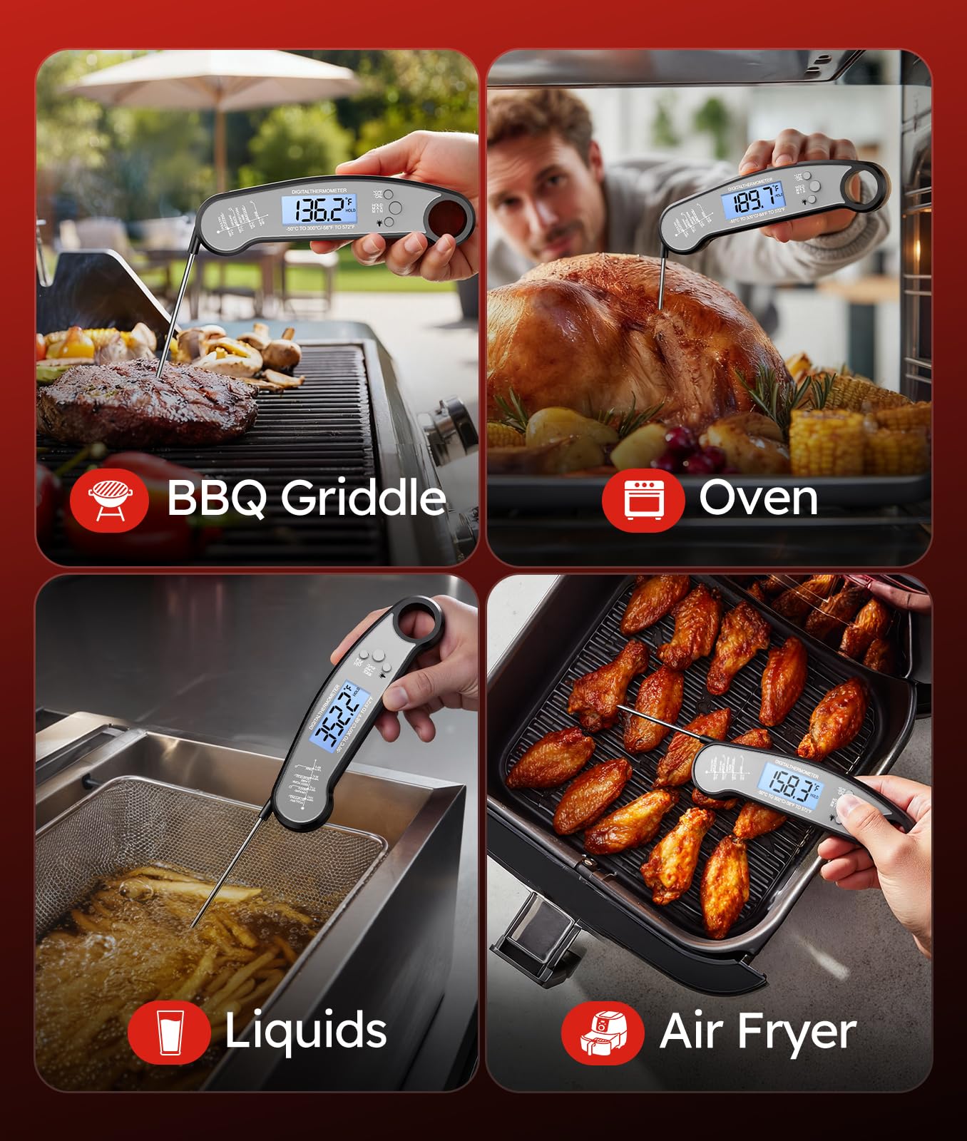 Meat Thermometer Digital, 1-2 Sec Instant Read, Food, Cooking, Grill | Bright Backlit Display, Waterproof for Air Fryer, Smoker, Candy, Kitchen Gadgets, BBQ Essentials, Gift for Men Husband, Red