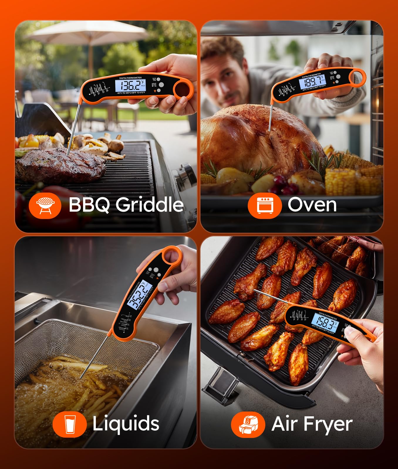 Meat Thermometer Digital, 1-2 Sec Instant Read, Food, Cooking, Grill | Bright Backlit Display, Waterproof for Air Fryer, Smoker, Candy, Kitchen Gadgets, BBQ Essentials, Gift for Men Husband, Red