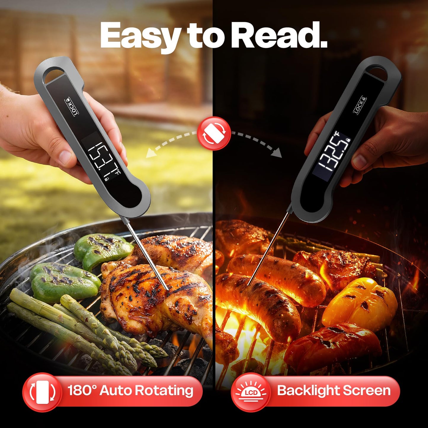 Meat Thermometer Digital, 1-2 Sec Instant Read, Food, Cooking, Grill | Bright Backlit Display, Waterproof for Air Fryer, Smoker, Candy, Kitchen Gadgets, BBQ Essentials, Gift for Men Husband, Red
