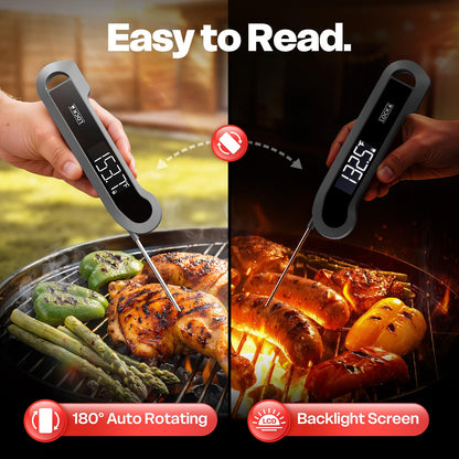 Meat Thermometer Digital, 1-2 Sec Instant Read, Food, Cooking, Grill | Bright Backlit Display, Waterproof for Air Fryer, Smoker, Candy, Kitchen Gadgets, BBQ Essentials, Gift for Men Husband, Red