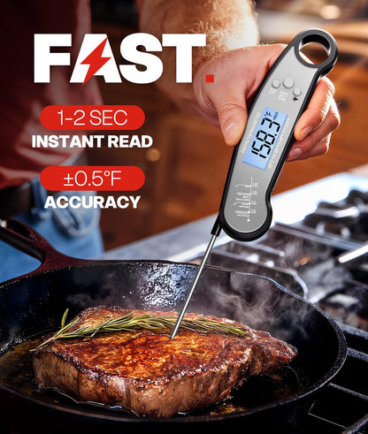 Meat Thermometer Digital, 1-2 Sec Instant Read, Food, Cooking, Grill | Bright Backlit Display, Waterproof for Air Fryer, Smoker, Candy, Kitchen Gadgets, BBQ Essentials, Gift for Men Husband, Red