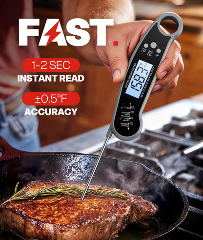 Meat Thermometer Digital, 1-2 Sec Instant Read, Food, Cooking, Grill | Bright Backlit Display, Waterproof for Air Fryer, Smoker, Candy, Kitchen Gadgets, BBQ Essentials, Gift for Men Husband, Red