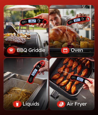 Meat Thermometer Digital, 1-2 Sec Instant Read, Food, Cooking, Grill | Bright Backlit Display, Waterproof for Air Fryer, Smoker, Candy, Kitchen Gadgets, BBQ Essentials, Gift for Men Husband, Red