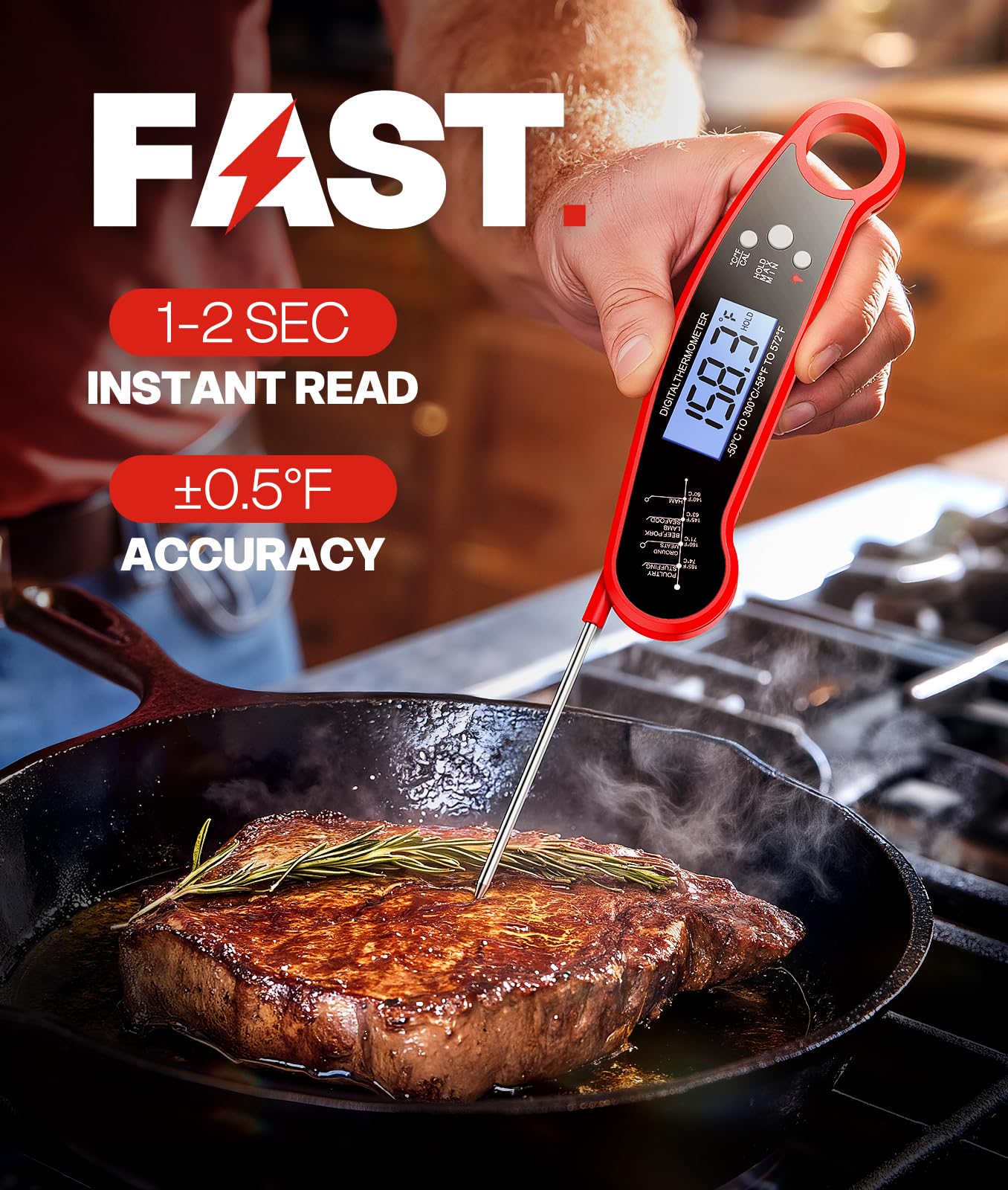 Meat Thermometer Digital, 1-2 Sec Instant Read, Food, Cooking, Grill | Bright Backlit Display, Waterproof for Air Fryer, Smoker, Candy, Kitchen Gadgets, BBQ Essentials, Gift for Men Husband, Red