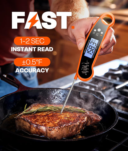 Meat Thermometer Digital, 1-2 Sec Instant Read, Food, Cooking, Grill | Bright Backlit Display, Waterproof for Air Fryer, Smoker, Candy, Kitchen Gadgets, BBQ Essentials, Gift for Men Husband, Red