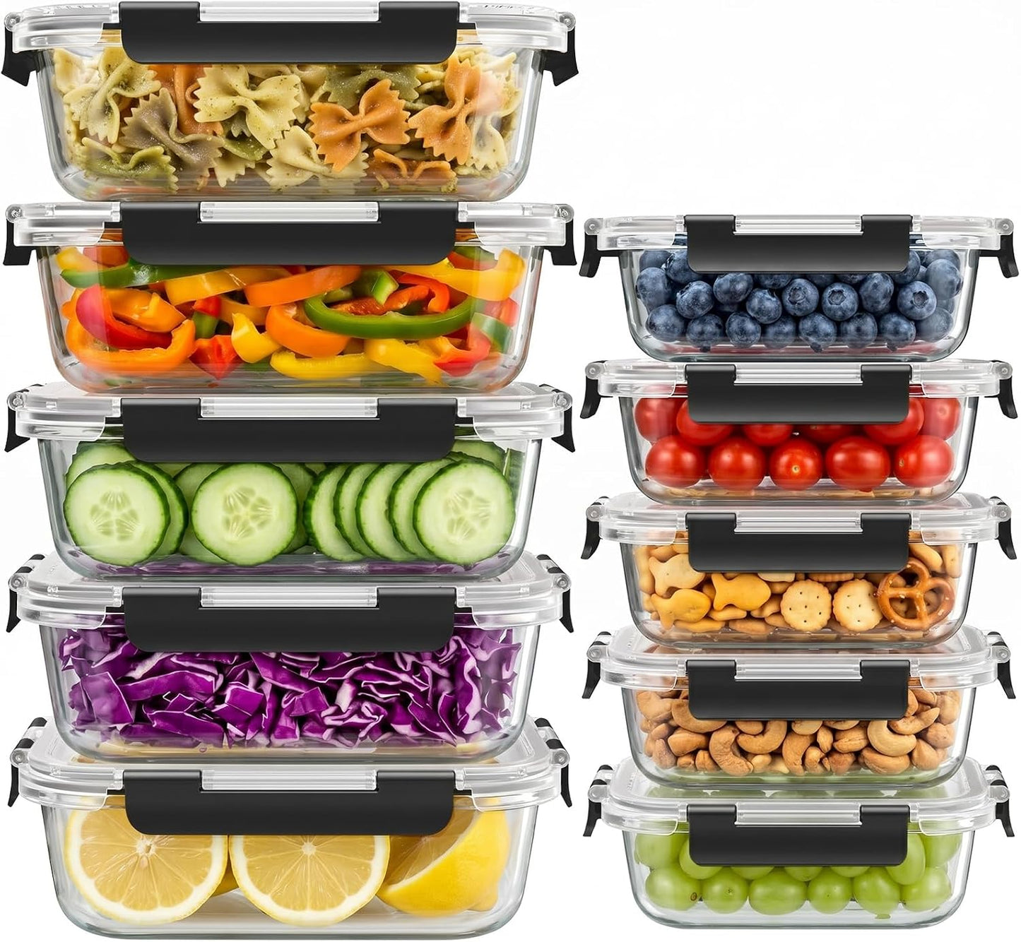 10 Sets 36 Oz & 12 Oz Glass Food Storage Containers with Lids, Gray | 20-Piece Airtight Leak-Proof Glass Meal Prep Containers with Lids, Microwave Oven Freezer Dishwasher Safe