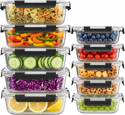 10 Sets 36 Oz & 12 Oz Glass Food Storage Containers with Lids, Gray | 20-Piece Airtight Leak-Proof Glass Meal Prep Containers with Lids, Microwave Oven Freezer Dishwasher Safe