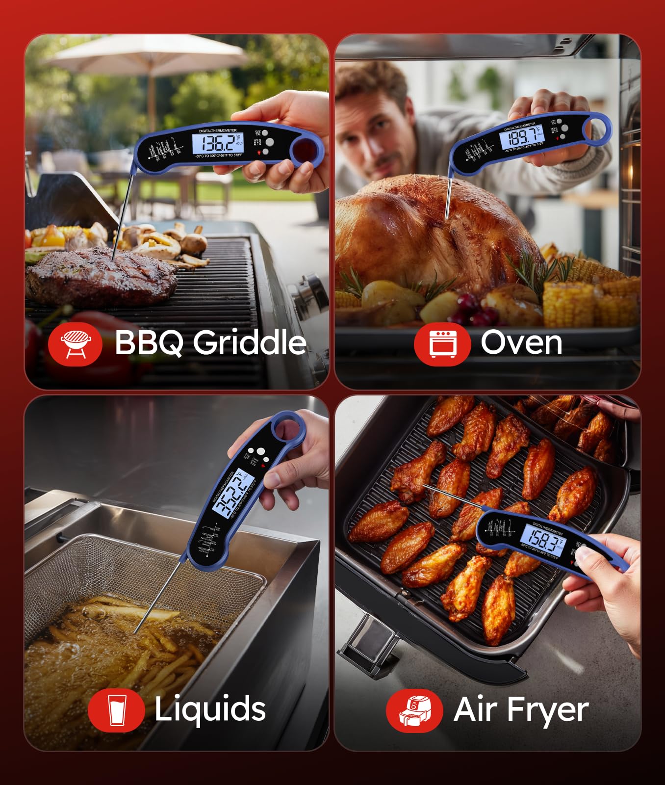 Meat Thermometer Digital, 1-2 Sec Instant Read, Food, Cooking, Grill | Bright Backlit Display, Waterproof for Air Fryer, Smoker, Candy, Kitchen Gadgets, BBQ Essentials, Gift for Men Husband, Red