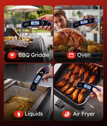 Meat Thermometer Digital, 1-2 Sec Instant Read, Food, Cooking, Grill | Bright Backlit Display, Waterproof for Air Fryer, Smoker, Candy, Kitchen Gadgets, BBQ Essentials, Gift for Men Husband, Red