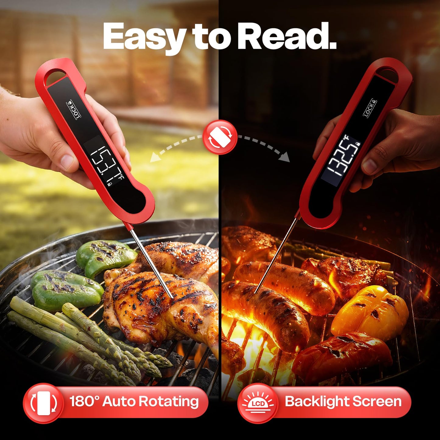 Meat Thermometer Digital, 1-2 Sec Instant Read, Food, Cooking, Grill | Bright Backlit Display, Waterproof for Air Fryer, Smoker, Candy, Kitchen Gadgets, BBQ Essentials, Gift for Men Husband, Red