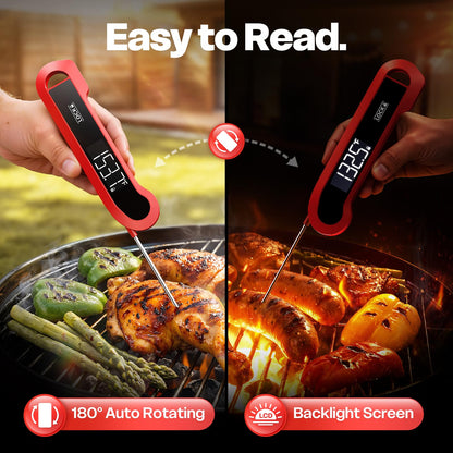 Meat Thermometer Digital, 1-2 Sec Instant Read, Food, Cooking, Grill | Bright Backlit Display, Waterproof for Air Fryer, Smoker, Candy, Kitchen Gadgets, BBQ Essentials, Gift for Men Husband, Red
