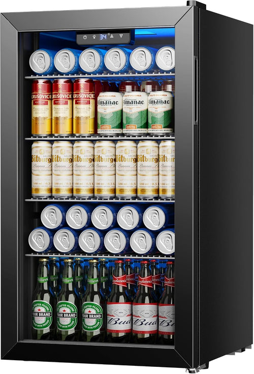 Beverage Refrigerator and Cooler, 126 Can Mini fridge with Glass Door, Beverage Cooler with Digital Temperature Display & Adjustable Shelves for Soda Beer or Wine, NEW Black, 3.2Cu.ft