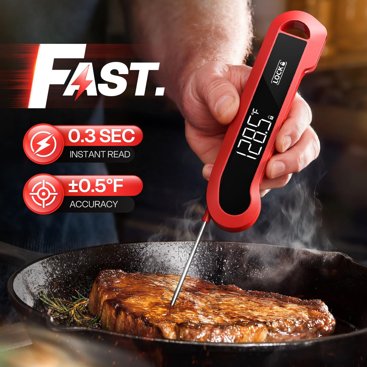 Meat Thermometer Digital, 1-2 Sec Instant Read, Food, Cooking, Grill | Bright Backlit Display, Waterproof for Air Fryer, Smoker, Candy, Kitchen Gadgets, BBQ Essentials, Gift for Men Husband, Red
