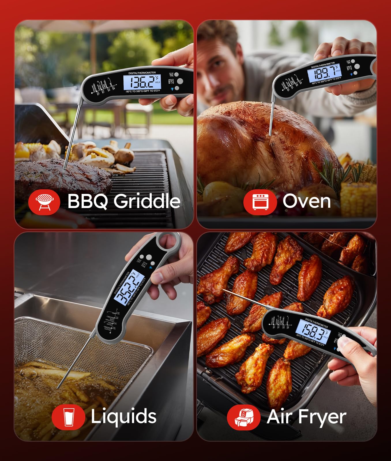 Meat Thermometer Digital, 1-2 Sec Instant Read, Food, Cooking, Grill | Bright Backlit Display, Waterproof for Air Fryer, Smoker, Candy, Kitchen Gadgets, BBQ Essentials, Gift for Men Husband, Red