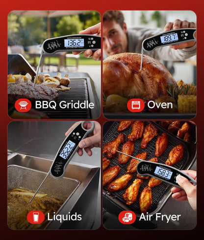 Meat Thermometer Digital, 1-2 Sec Instant Read, Food, Cooking, Grill | Bright Backlit Display, Waterproof for Air Fryer, Smoker, Candy, Kitchen Gadgets, BBQ Essentials, Gift for Men Husband, Red