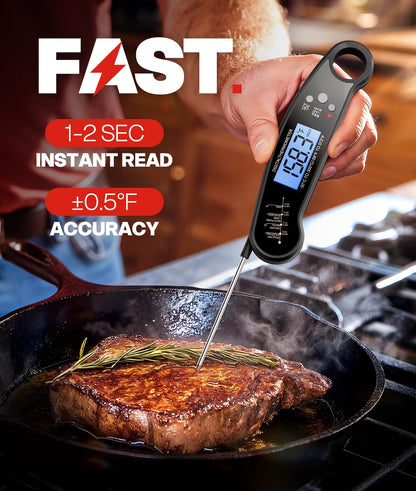 Meat Thermometer Digital, 1-2 Sec Instant Read, Food, Cooking, Grill | Bright Backlit Display, Waterproof for Air Fryer, Smoker, Candy, Kitchen Gadgets, BBQ Essentials, Gift for Men Husband, Red