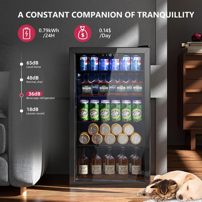 Beverage Refrigerator and Cooler, 126 Can Mini Fridge with Glass Door, Beverage Cooler with Digital Temperature Display & Adjustable Shelves for Soda Beer or Wine, NEW Black, 3.2Cu.Ft