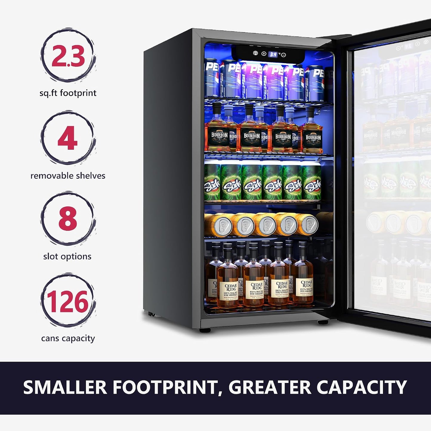 Beverage Refrigerator and Cooler, 126 Can Mini Fridge with Glass Door, Beverage Cooler with Digital Temperature Display & Adjustable Shelves for Soda Beer or Wine, NEW Black, 3.2Cu.Ft