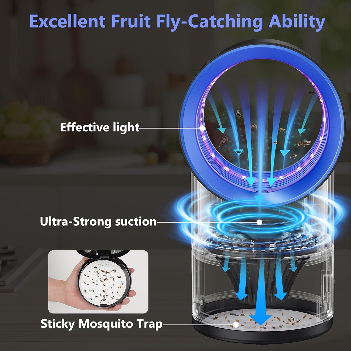 Fruit Fly Trap for Indoors, Blue Bug Zapper Indoor with Suction & Timer | Uv Light Lures Fruit Flies/Gnats, Timer 6/12Hrs, Plug in Fly Trap with Suction, Kid & Pet Applicable, Low Noise, 10 Refills